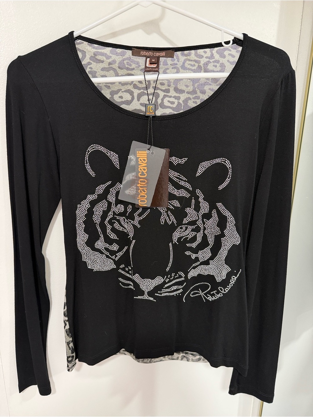 Roberto Cavalli Black Long-Sleeve Tiger Rhinestone Tee